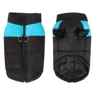 Schwarze Hundejacke mit blauen Streifen, Reißverschluss und D-Ringen. Ideal für kaltes Wetter, wasserdicht und modisch. Hundebekleidung online.