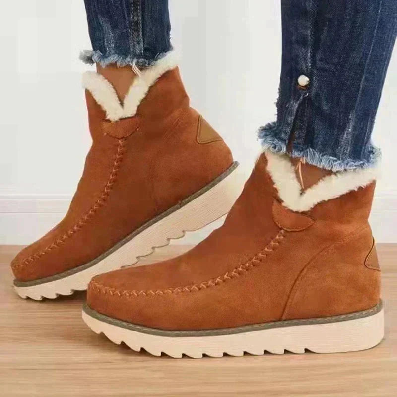 Damen-Winterstiefel aus Baumwolle, braun, runde Spitze, rutschfeste Sohle, warm gefüttert, ideal für kalte Tage, modisch und bequem.