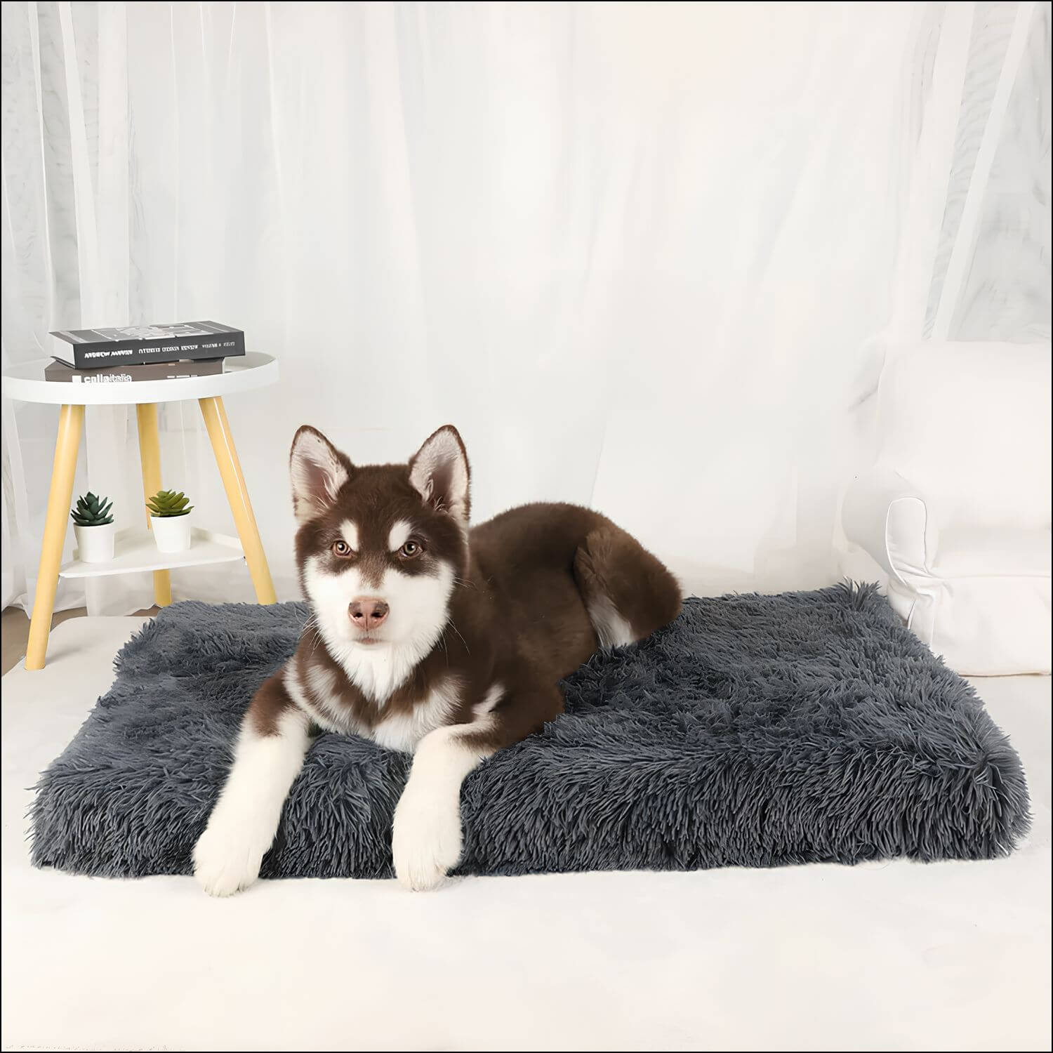 Graue orthopädische Hundematte aus Memory-Schaum, rutschfest, mit Husky darauf liegend.