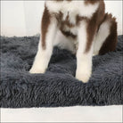 Graue orthopädische Hundematte aus Memory-Schaum, rutschfest, mit Hund, bequem und langlebig.