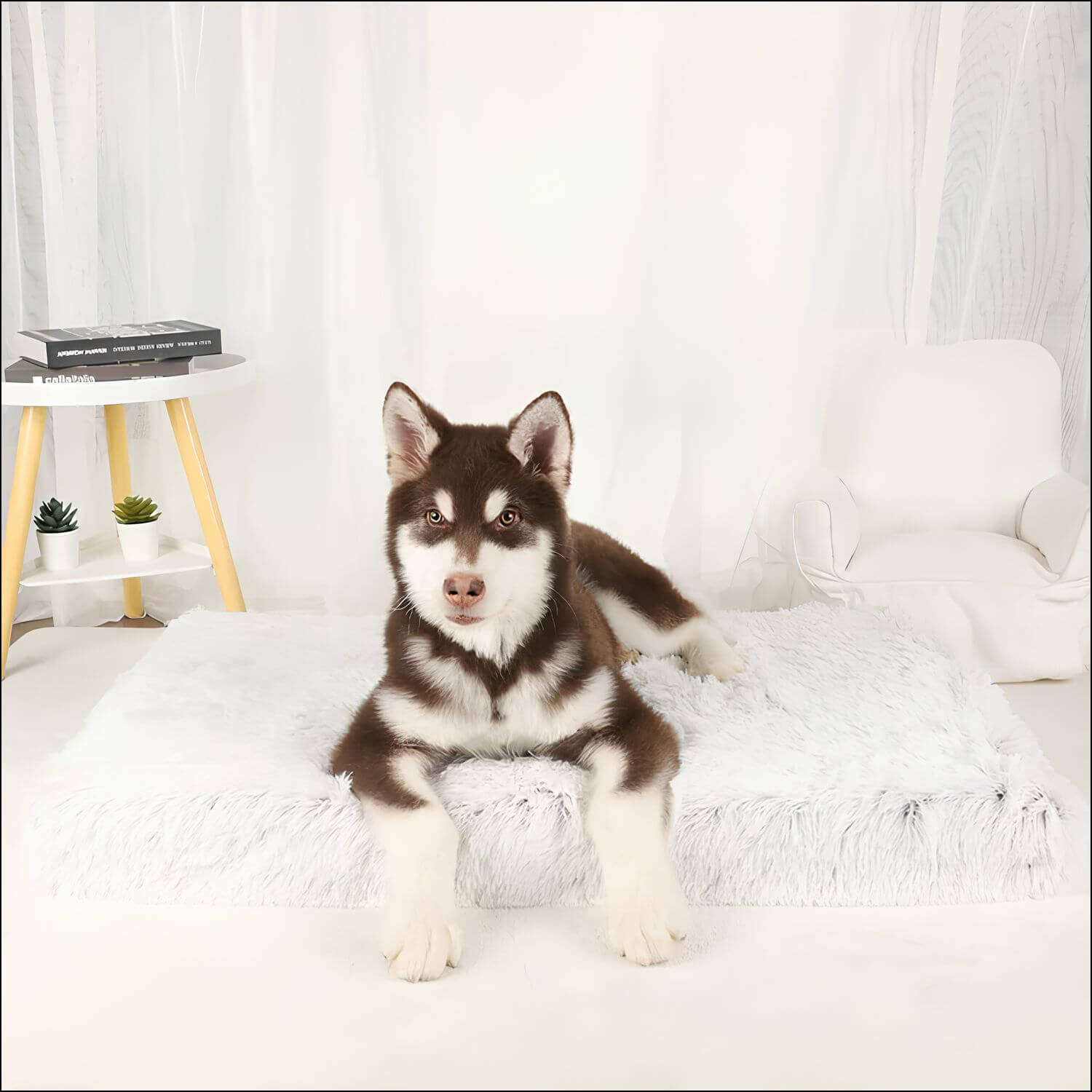 Braune Husky-Welpe auf grauer orthopädischer Hundematte aus Memory-Schaum, rutschfest.
