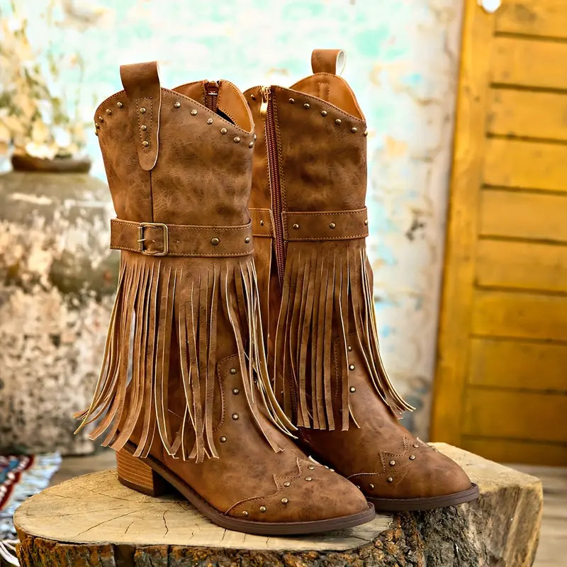 Damen Cowboy Stiefel mit Fransen, braun, aus Lederimitat, Westernstil, Nietenverzierung, ideal für Country-Mode und Festivals.
