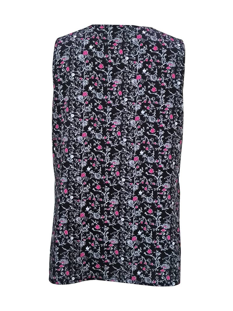 Schwarze Weste mit floralem Muster, rosa und weißen Blumen. Modisches Design, ideal für elegante Anlässe. Hochwertige Stoffqualität.