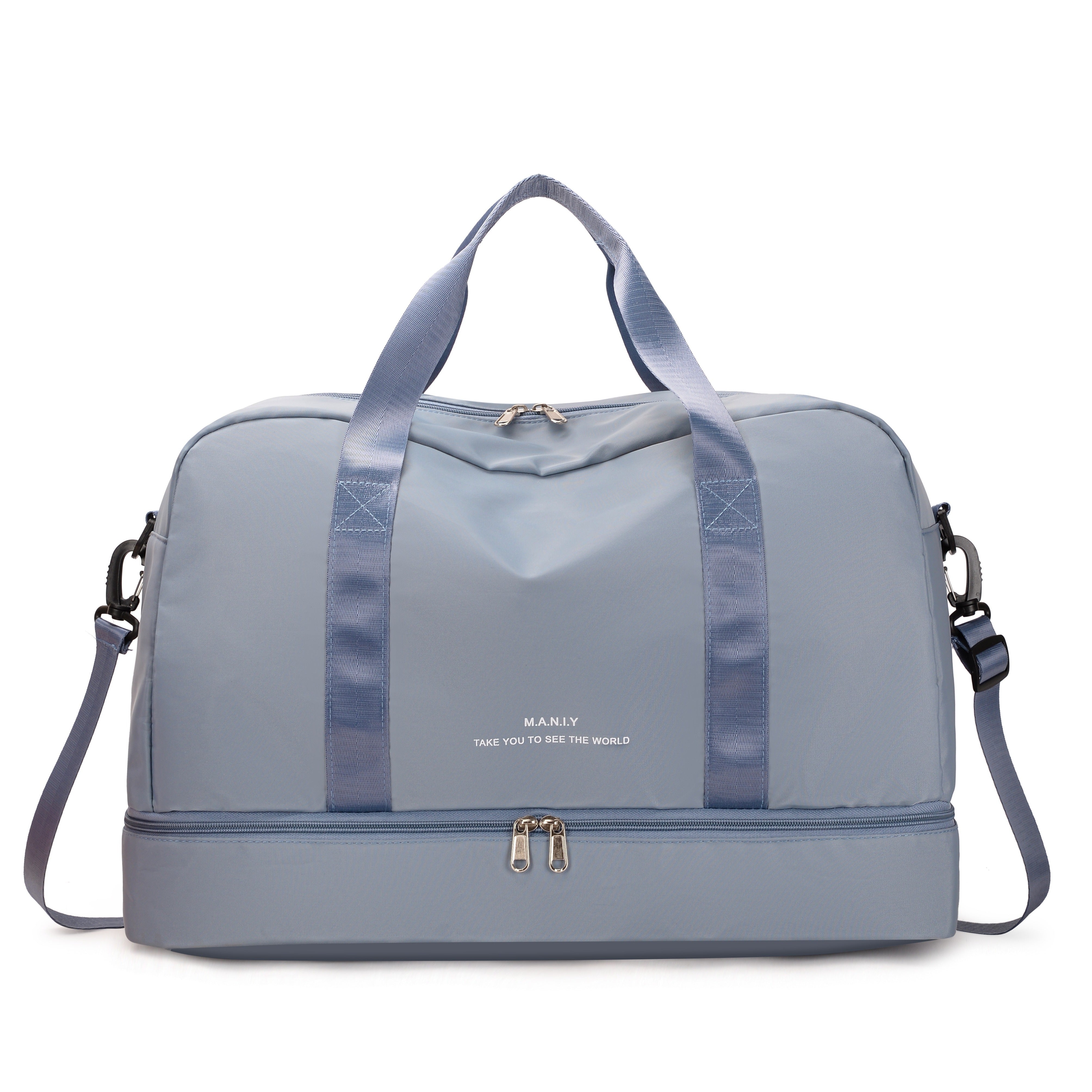 Reisetasche in Hellblau mit abnehmbarem Schultergurt, robustem Reißverschluss und geräumigem Hauptfach. Perfekt für Reisen und Sport.