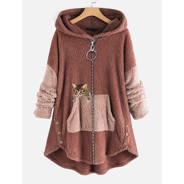 Damen Kapuzenjacke aus Fleece in Braun mit Reißverschluss und Kängurutasche, verziert mit Katzenmotiv. Perfekt für Herbst und Winter.