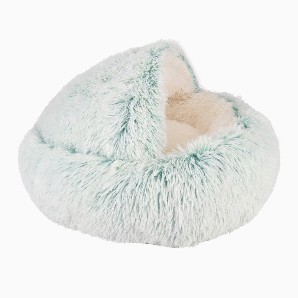 Beruhigendes Haustierbett, flauschig, glazialgrün, für Katzen und kleine Hunde, gemütlich.