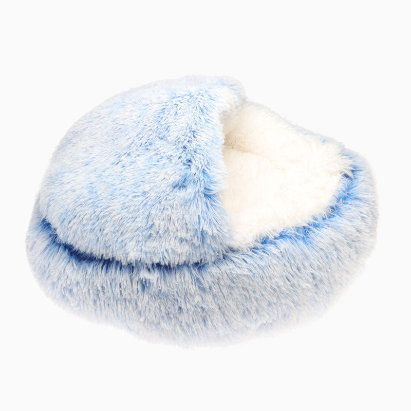 Icy-blaues Kunstfell Haustierbett, beruhigend, rund, flauschig, für Katzen und kleine Hunde.