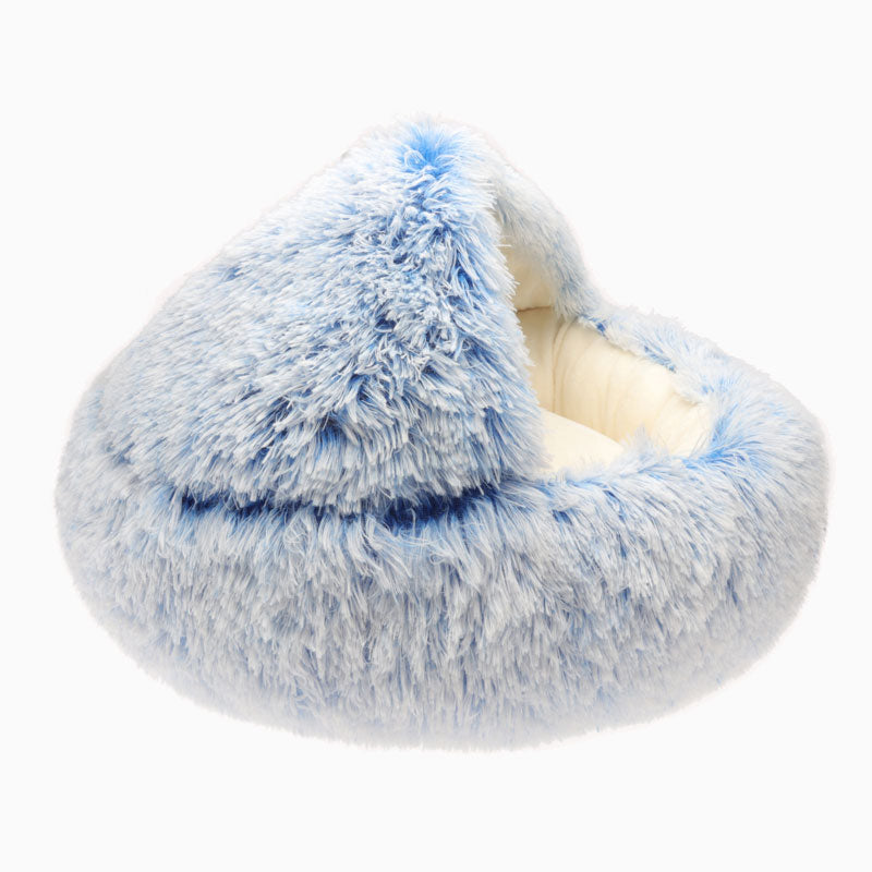 Plüsch-Haustierbett in Eisblau, beruhigend, rund, flauschig, für Katzen und kleine Hunde.