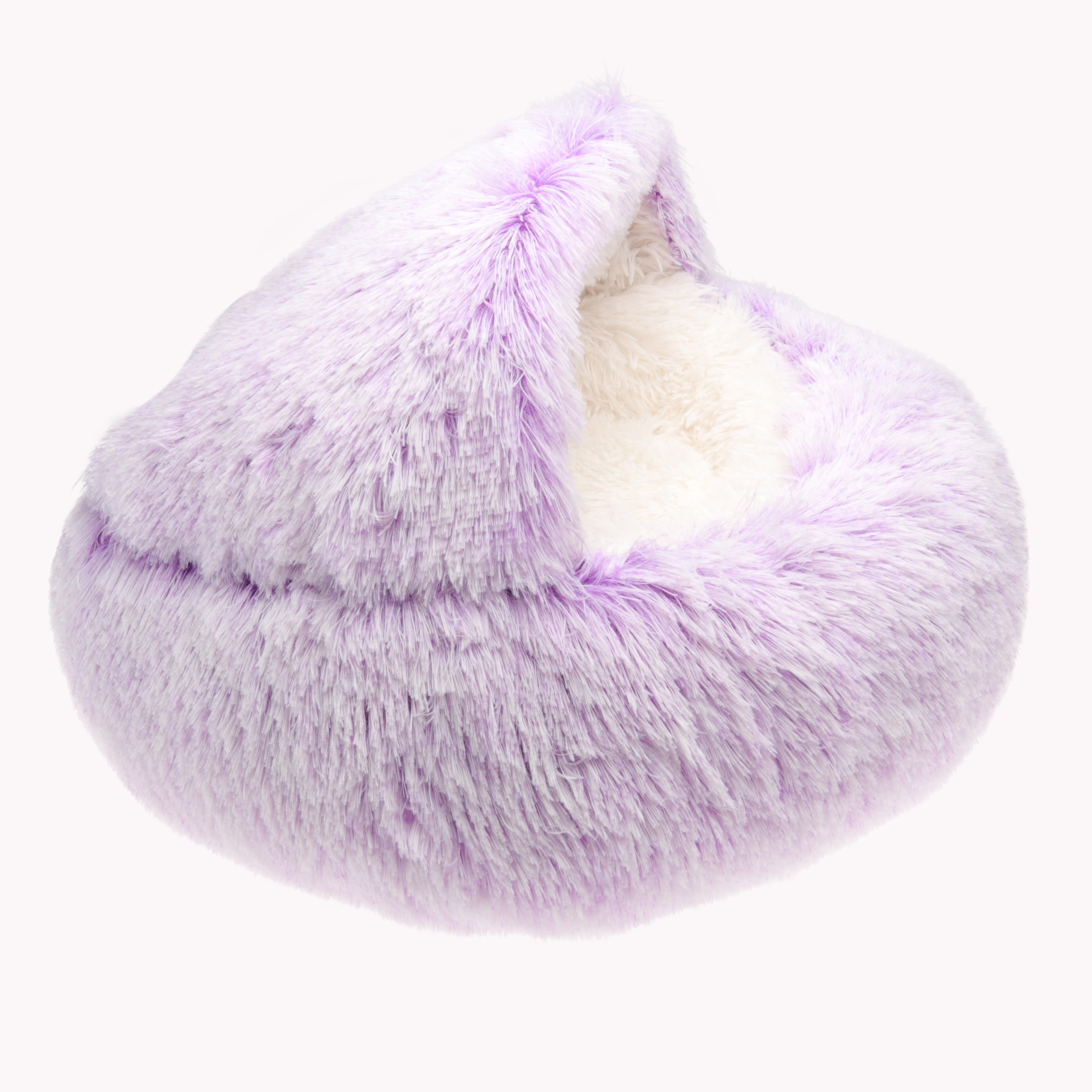 Fluffy lila Haustierbett aus Kunstfell, beruhigend, rund, gemütlich, für Katzen und kleine Hunde.