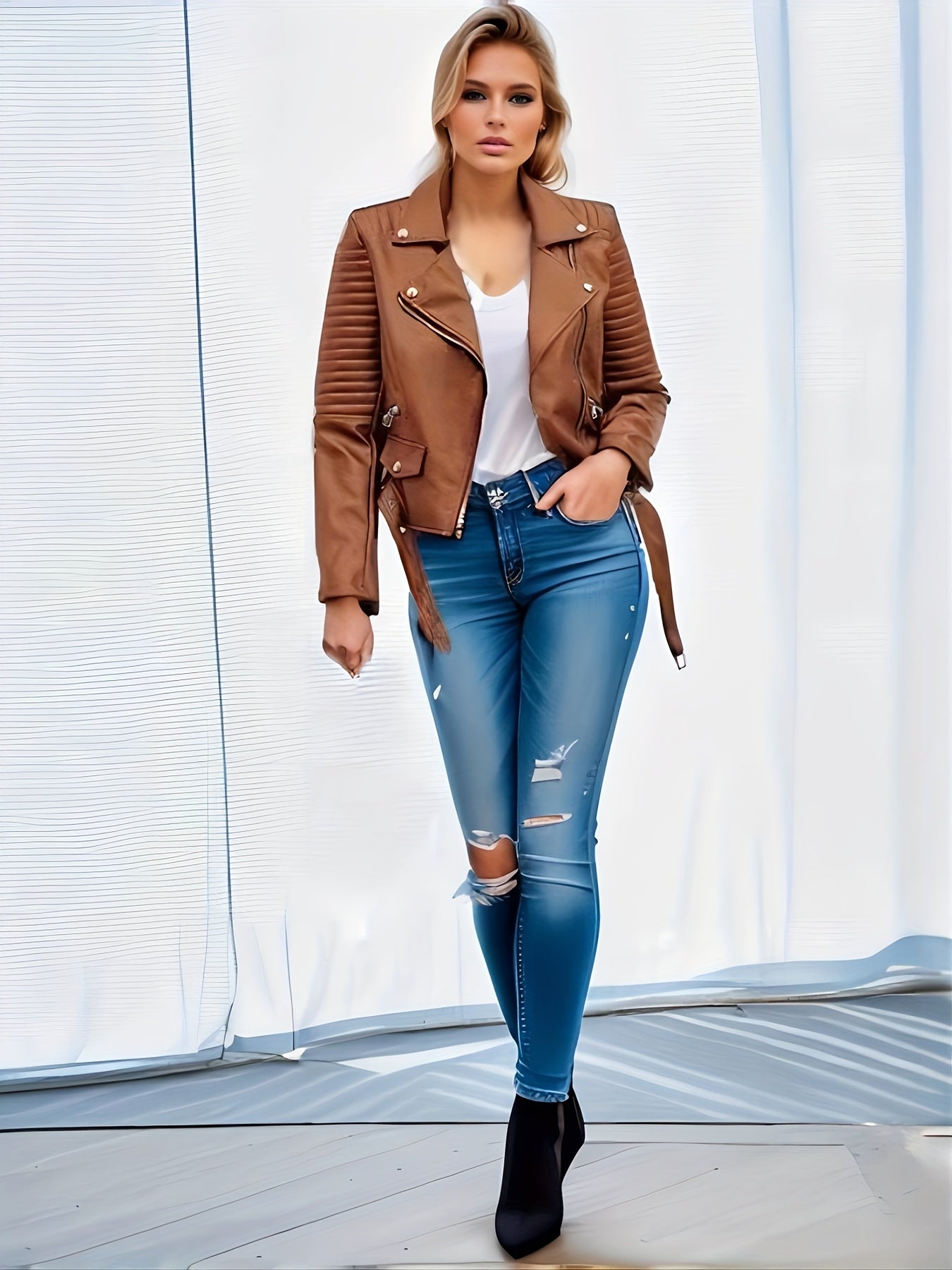 Frau in brauner Lederjacke, weißem Top und zerrissenen blauen Jeans posiert vor hellem Hintergrund. Modetrend, Damenbekleidung, Streetstyle.