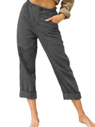 Damenhose aus Leinen in Dunkelgrau, lässiger Stil, knöchellang, mit elastischem Bund und Taschen, ideal für Freizeit und Sommermode.