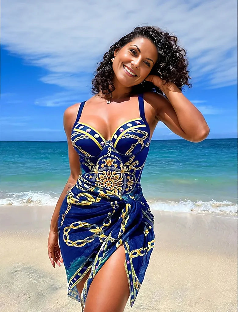 Frau in elegantem, blauem Sommerkleid mit Kettenmuster am Strand. Perfekt für Strandmode, Sommerkleider, Urlaubsoutfits.