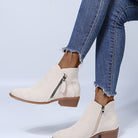 Damen Stiefeletten in Beige mit Reißverschluss, kombiniert mit blauen Jeans. Modische, bequeme Schuhe für Herbst und Winter.