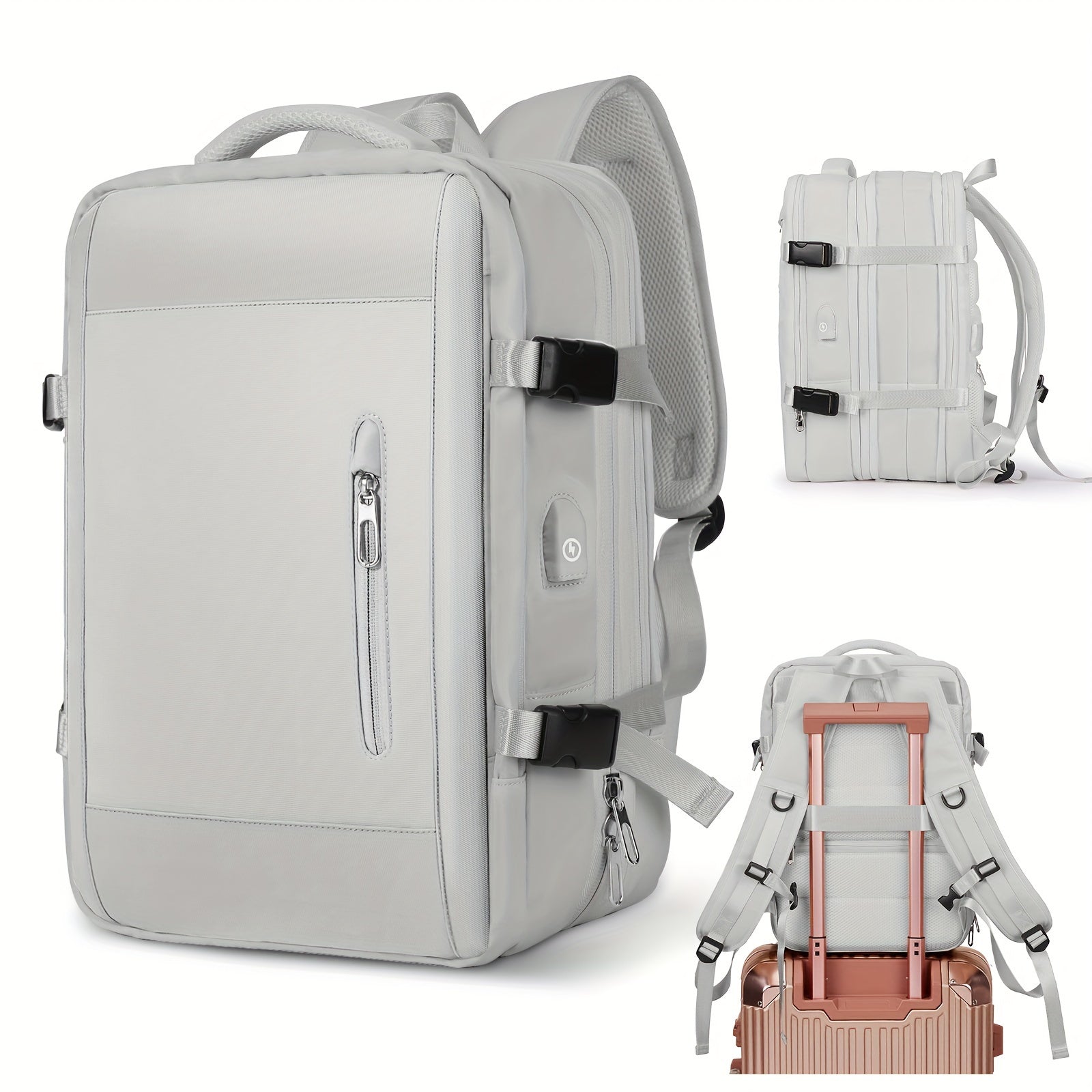 Moderner, multifunktionaler Rucksack in Weiß mit USB-Anschluss, ideal für Reisen und Business. Wasserabweisend, geräumig, stilvolles Design.