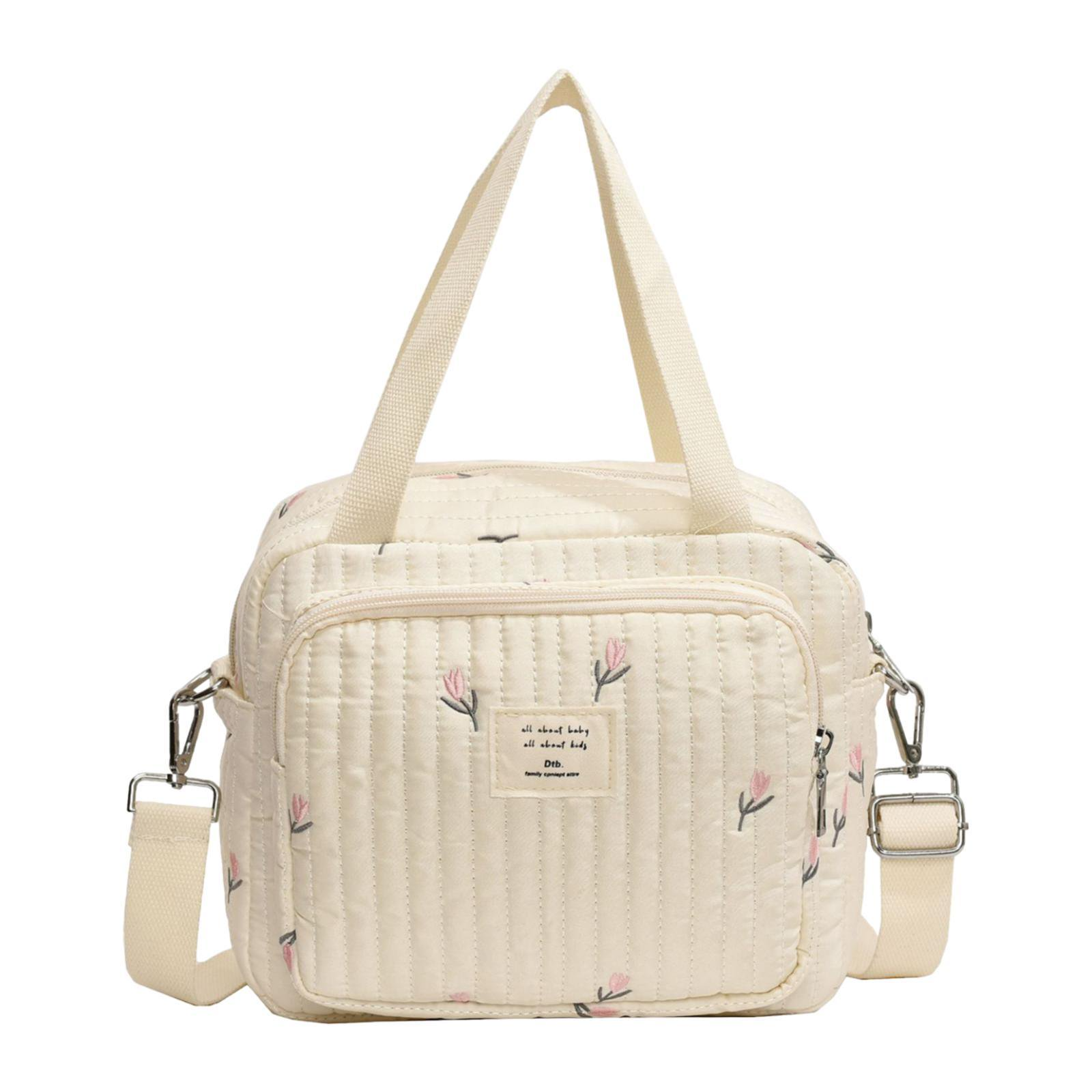 Beige gesteppte Handtasche mit Blumenmuster, abnehmbarer Schultergurt, Damenmode Accessoire.