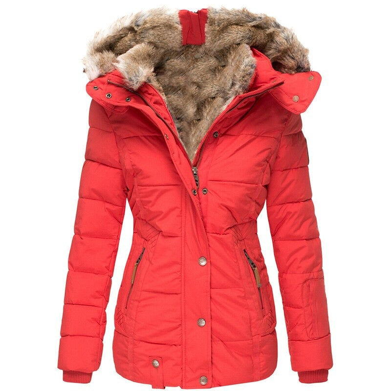 Damen Winterjacke in Rot mit Kapuze und Kunstfellfutter, warm gefüttert, modisch und funktional, ideal für kalte Tage, stilvoller Outdoor-Look.