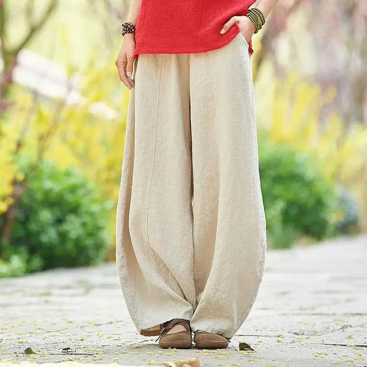 Weite Leinenhose für Mädchen in Übergröße, beige, ideal für Frühling und Sommer. Bequeme Passform, modisch und vielseitig kombinierbar.