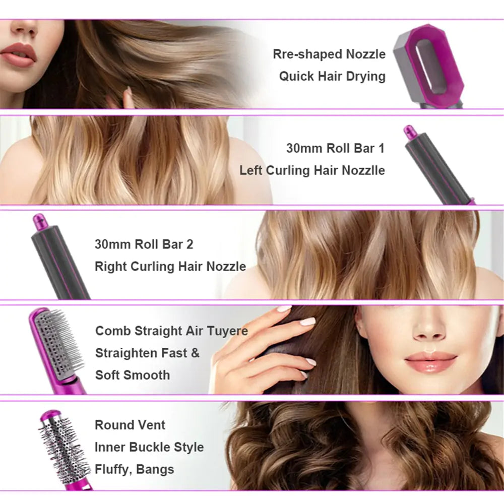Multifunktionaler Haarstyler mit Aufsätzen: Lockenstab, Föhn, Glättbürste. Perfekt für schnelles Trocknen, Locken und Glätten der Haare.