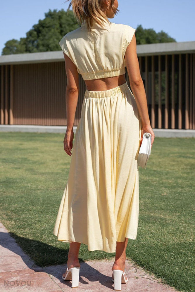 Damen-Sommerkleid in Gelb, ärmellos, elastisch, knöchellang, ideal für Freizeit und Strand. Perfekt für warme Tage und stilvolle Auftritte.