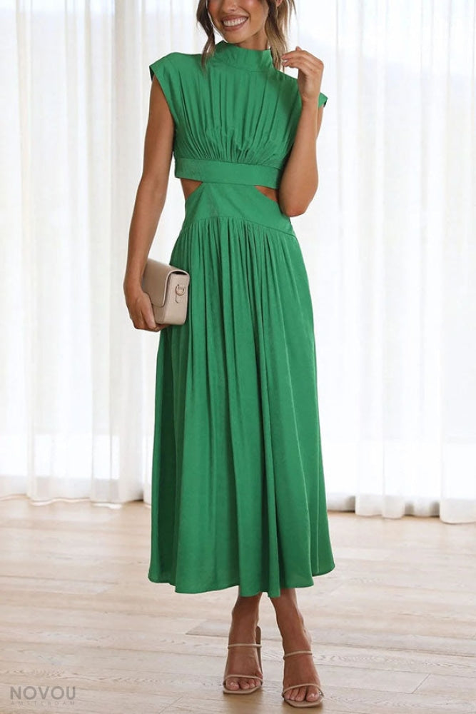 Grünes, elastisches Kleid mit Cut-Outs, ärmellos, knielang. Perfekt für Sommermode, elegante Anlässe, stilvoll und bequem.