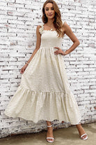 Damen-Sommerkleid mit Karomuster, ärmellos, Rüschen, knöchellang, ideal für Freizeit und Strand. Perfekt für stilvolle Sommermode.