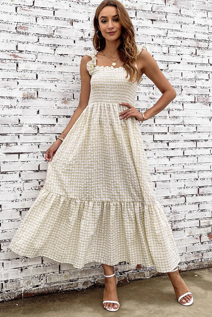 Damen-Sommerkleid mit Karomuster, ärmellos, Rüschen, knöchellang, ideal für Freizeit und Strand. Perfekt für stilvolle Sommermode.