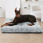 Dobermann auf grauem, flauschigem Hundebett im Wohnzimmer, modernes Design, bequem, stilvoll.