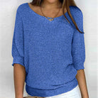 Damenpullover in Blau, lässiger Strick, 3/4-Ärmel, Rundhalsausschnitt. Perfekt für Frühling und Herbst. Modischer, bequemer Look.