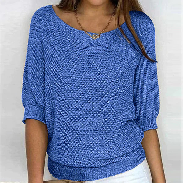 Damenpullover in Blau, lässiger Strick, 3/4-Ärmel, Rundhalsausschnitt. Perfekt für Frühling und Herbst. Modischer, bequemer Look.