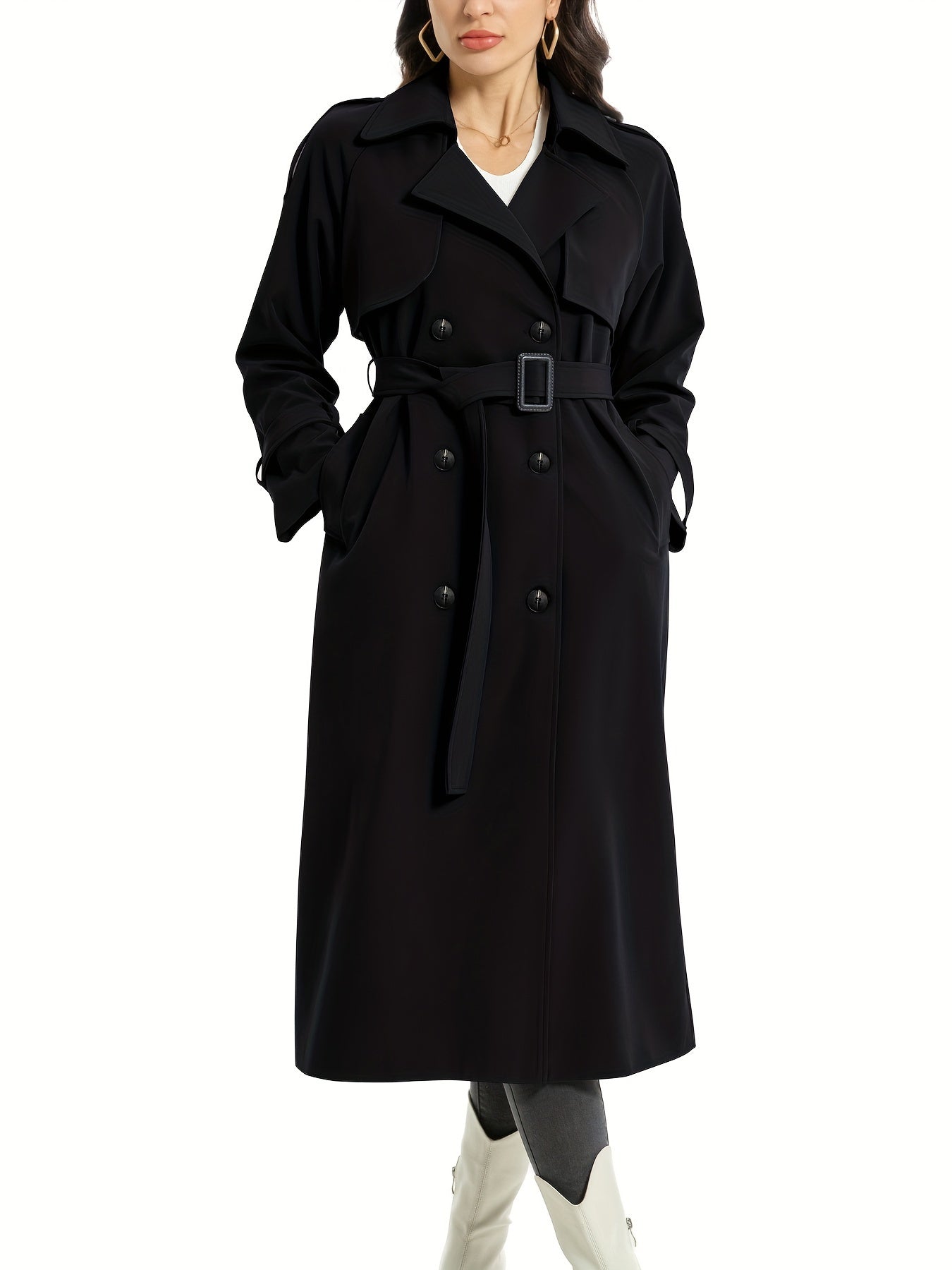 Eleganter schwarzer Trenchcoat für Damen, klassisches Design mit Gürtel und Knopfleiste. Perfekt für Herbstmode und stilvolle Outfits.