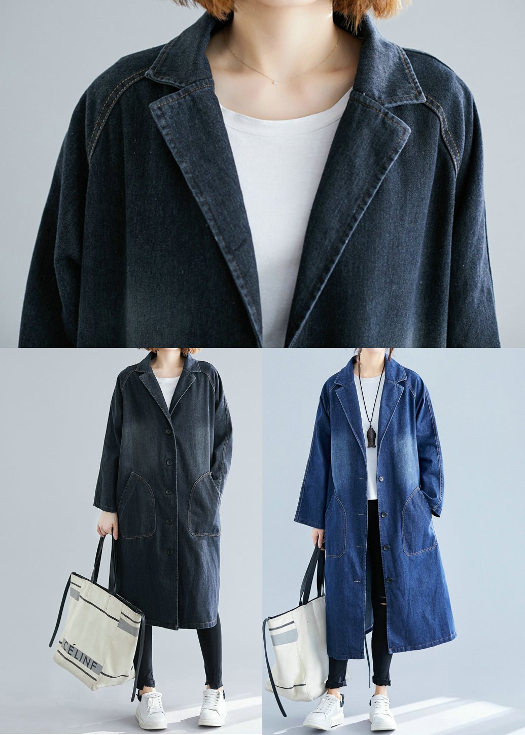 Damen-Denim-Trenchcoat mit übergroßen Taschen, ideal für den Herbst. Modischer Mantel, vielseitig kombinierbar, lässiger Look.