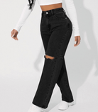 Damen-Jeans mit hoher Taille, schwarzen Denim, modischen Rissen und geradem Bein. Perfekt für trendige Streetwear-Looks.
