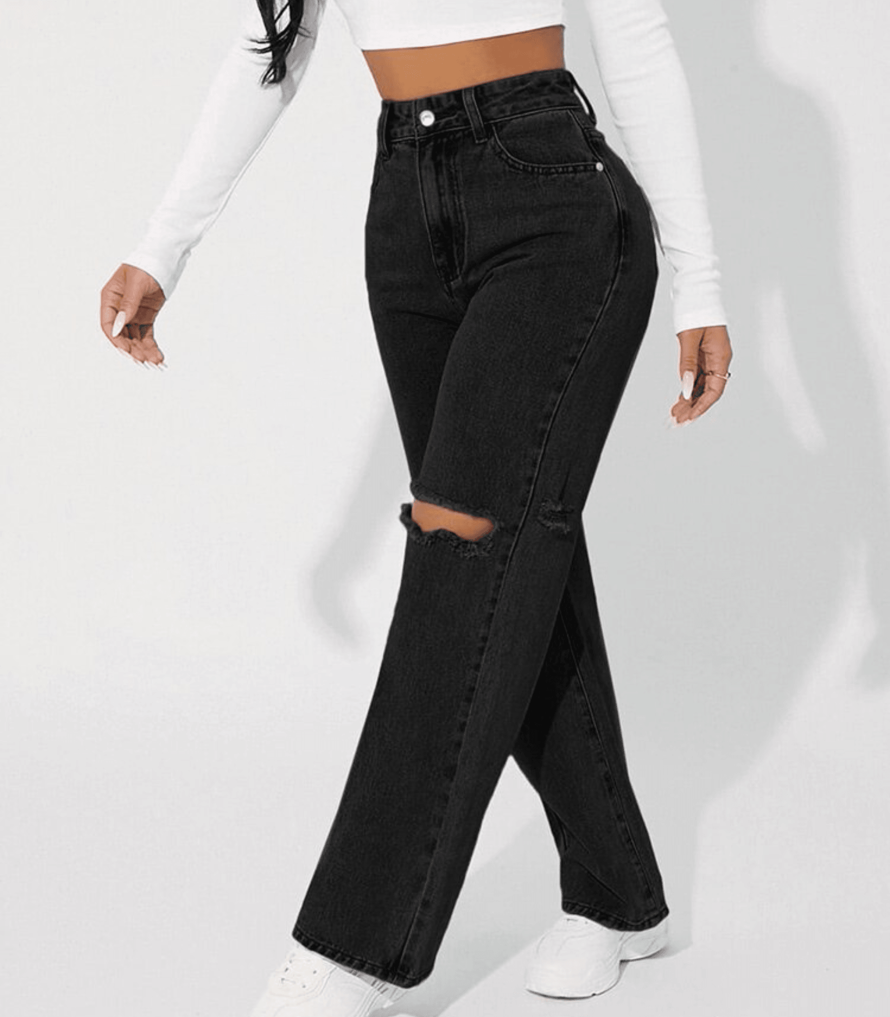 Damen-Jeans mit hoher Taille, schwarzen Denim, modischen Rissen und geradem Bein. Perfekt für trendige Streetwear-Looks.