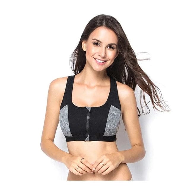Doppelter Sport-BH mit Reißverschluss, schwarz-grau, ideal für Fitness und Yoga. Bequemer Halt, atmungsaktiv, modisch und funktional.