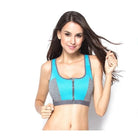 Doppelter Sport-BH mit Reißverschluss in Blau und Grau, ideal für Fitness und Yoga. Bequemer Halt, atmungsaktiv, modisch und funktional.