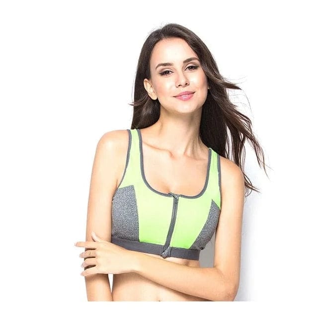 Grüner Sport-BH mit Reißverschluss, doppellagig, ideal für Fitness und Yoga. Bequemer Halt, atmungsaktiv, modisch und funktional.
