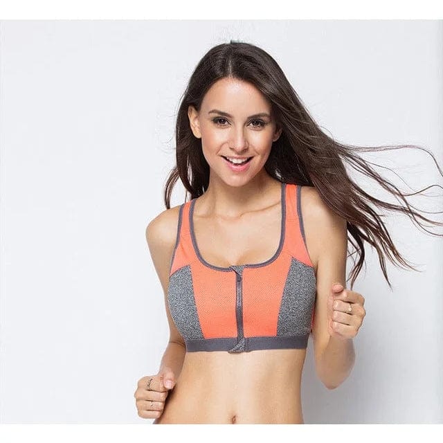 Doppelter Sport-BH mit Reißverschluss in Rot und Grau, ideal für Fitness und Yoga. Atmungsaktiv, bequem, stützend. Perfekt für aktive Frauen.