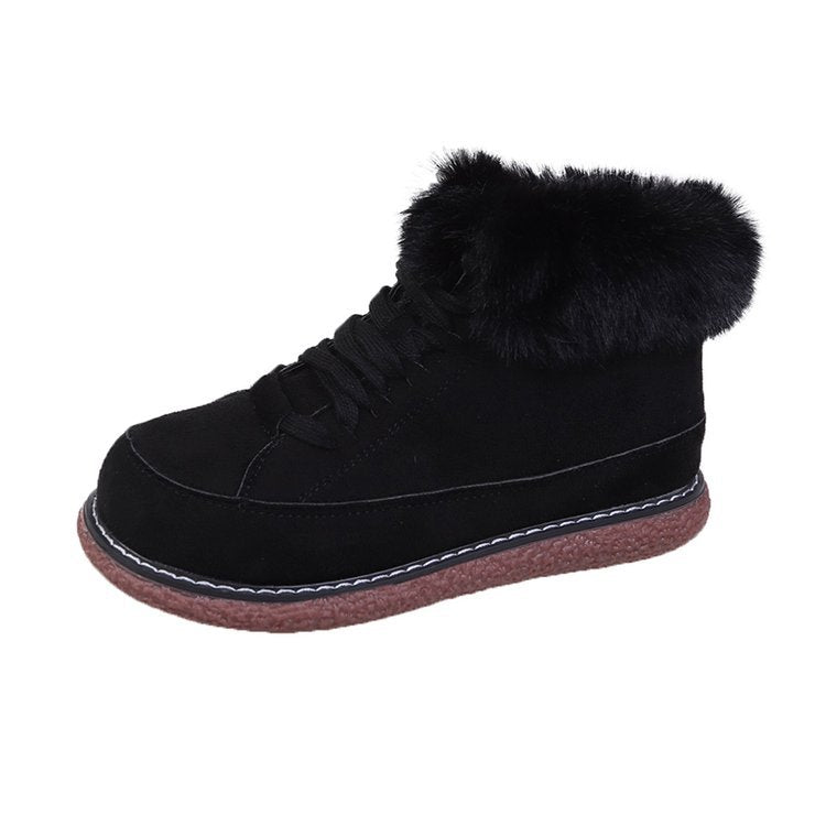 Schwarzer Damen-Winterstiefel mit Kunstfell, rutschfester Sohle und Schnürung. Ideal für kalte Tage. Bequem, warm und stilvoll.