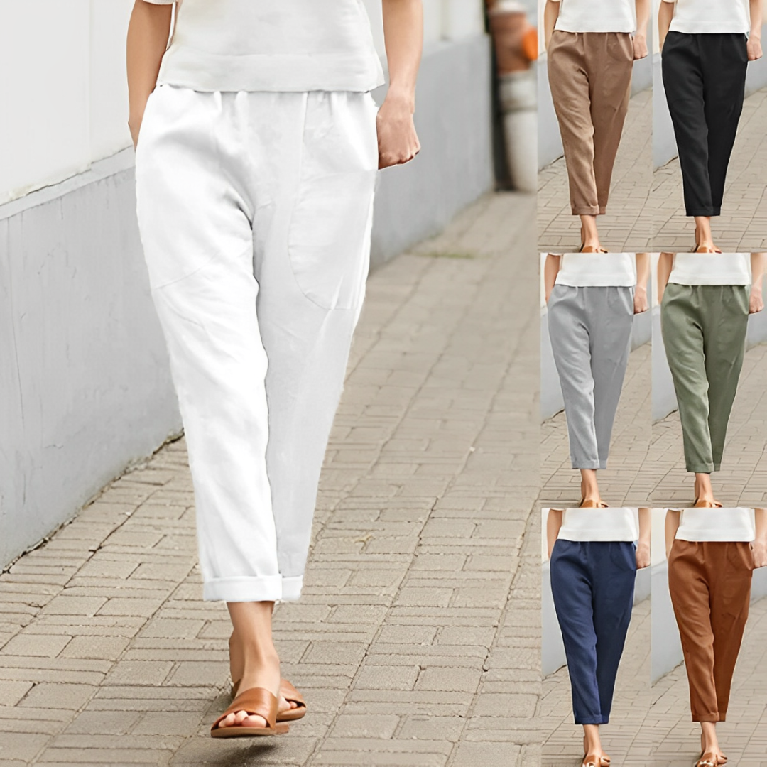 Damen-Leinenhose in Weiß, lässig und bequem, ideal für Sommermode. Erhältlich in verschiedenen Farben: Braun, Grau, Grün, Blau, Schwarz.