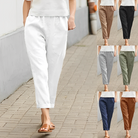 Damen-Leinenhose in Weiß, lässig und bequem, ideal für Sommermode. Erhältlich in verschiedenen Farben: Braun, Grau, Grün, Blau, Schwarz.