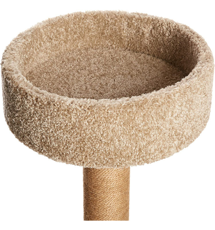 Kratzbaum Plattform beige, runde Form, Plüschmaterial, Katzenmöbel, stabiler Sisalstamm.