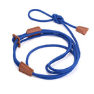 Blaue Hundeleine aus robustem Nylon mit braunen Lederakzenten, ideal für Spaziergänge. Langlebig, stilvoll und funktional für Haustierbesitzer.