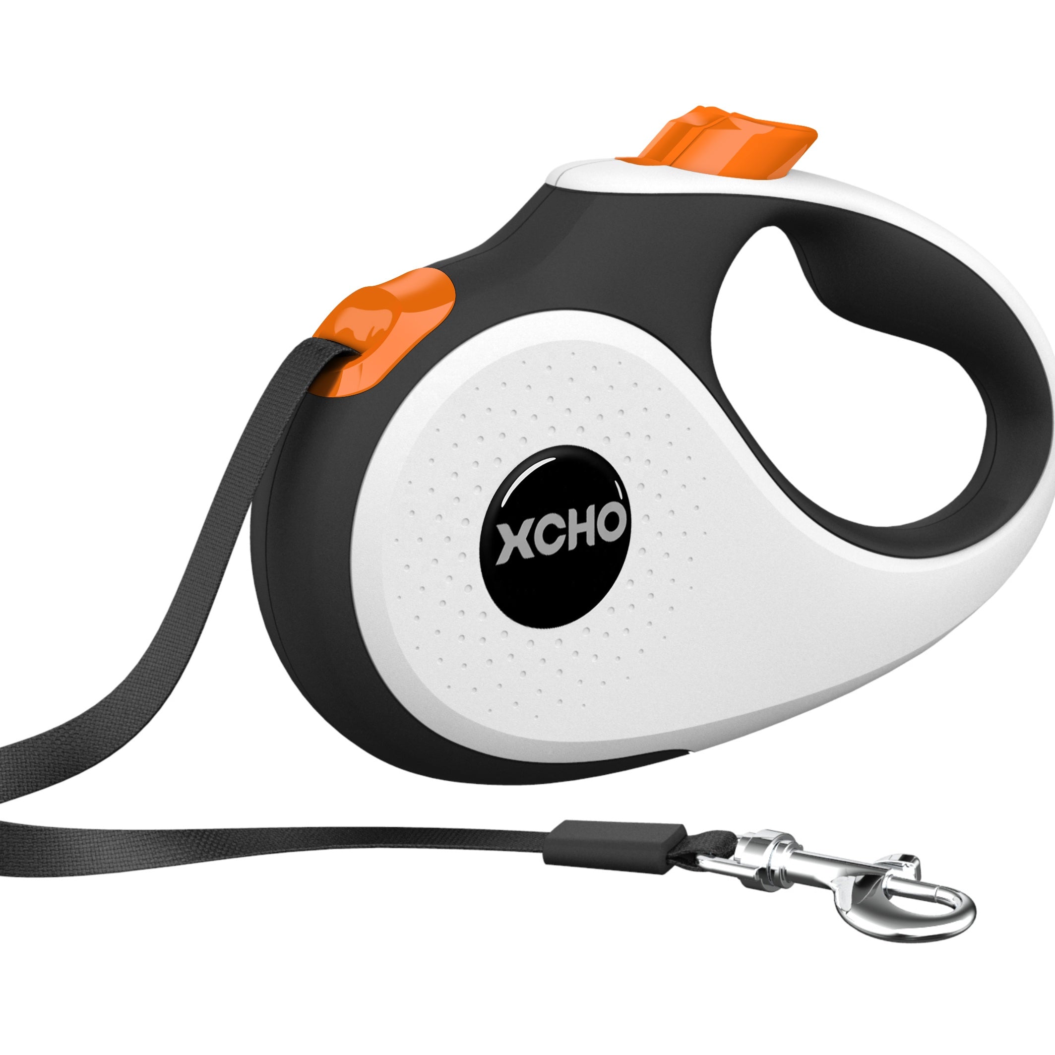 Schwarze und weiße Hundeleine mit automatischer Aufrollfunktion, ergonomischem Griff, orange Akzent.
