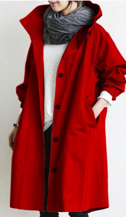 Roter Damenmantel mit Kapuze, lässiger Stil, ideal für Herbstmode. Perfekt kombinierbar mit Schal und Jeans für einen trendigen Look.