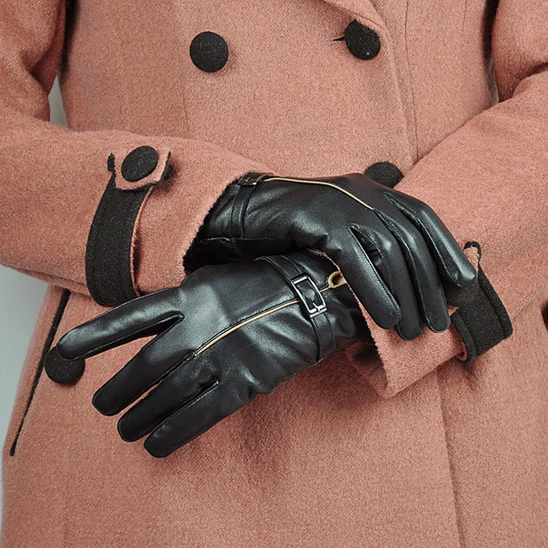 Damenhandschuhe aus schwarzem Leder, elegant, warm, mit Schnalle, ideal für Wintermode.