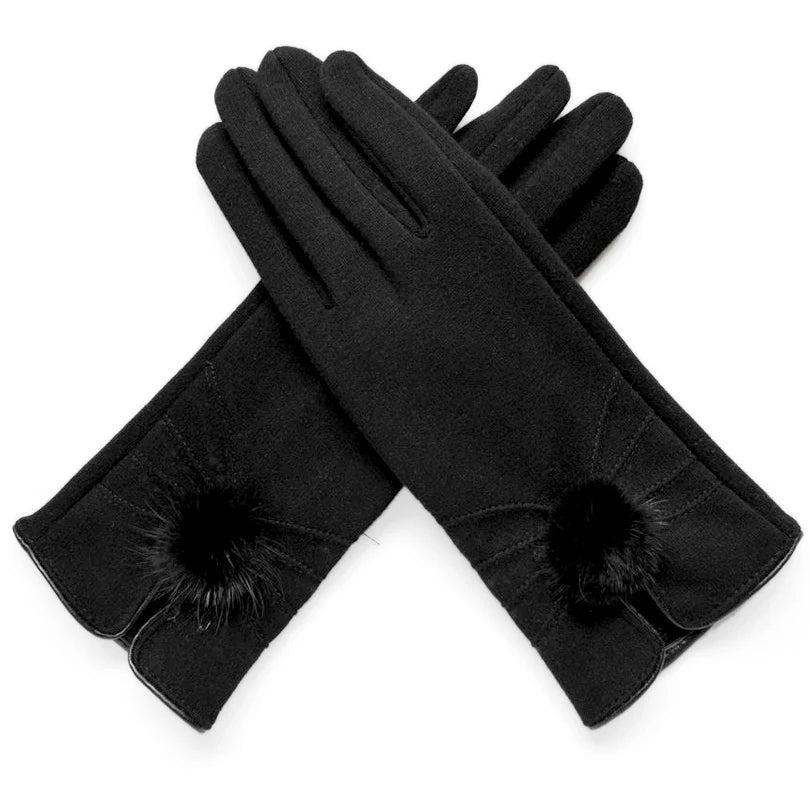 Elegante schwarze Damenhandschuhe mit Kunstfell-Detail, ideal für Wintermode. Hochwertige Materialien, stilvoll und warm. Perfekt für kalte Tage.