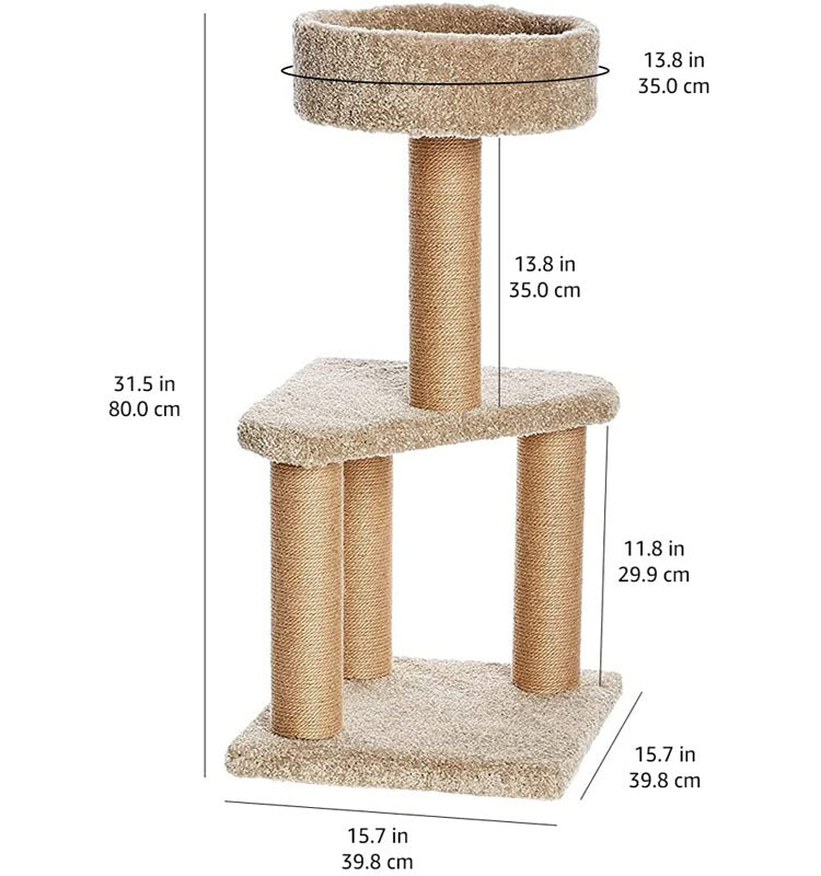 Kratzbaum beige, 3 Ebenen, Sisal, 80 cm hoch, Katzenmöbel, stabiler Katzenbaum, Kletterturm.