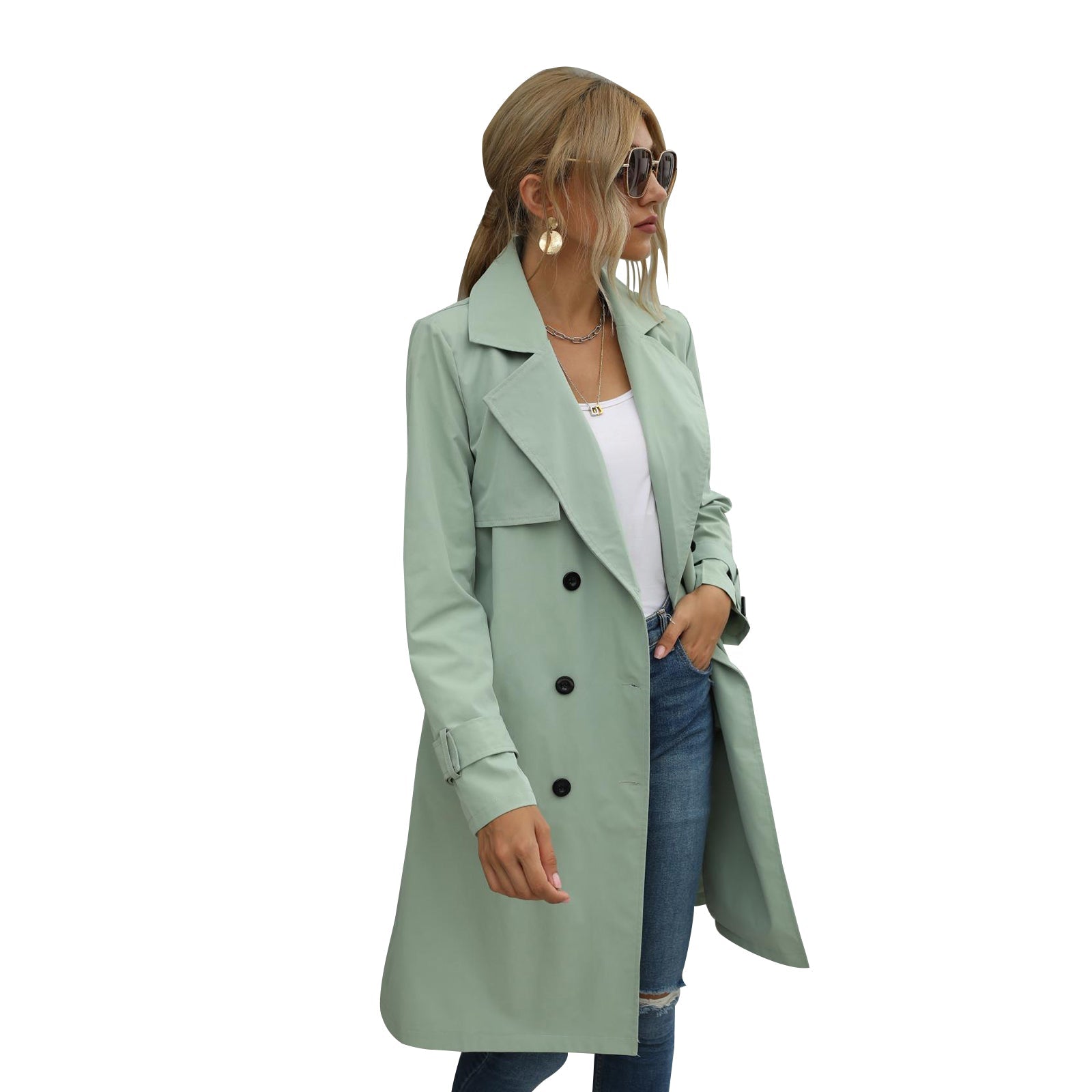 Damen-Trenchcoat in Mintgrün, stilvoll und modern, ideal für Frühling und Herbst. Perfekt kombinierbar mit Jeans und Sonnenbrille.