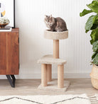 Katzenbaum aus beigem Plüsch mit zwei Ebenen, ideal für Katzen zum Klettern und Ausruhen.