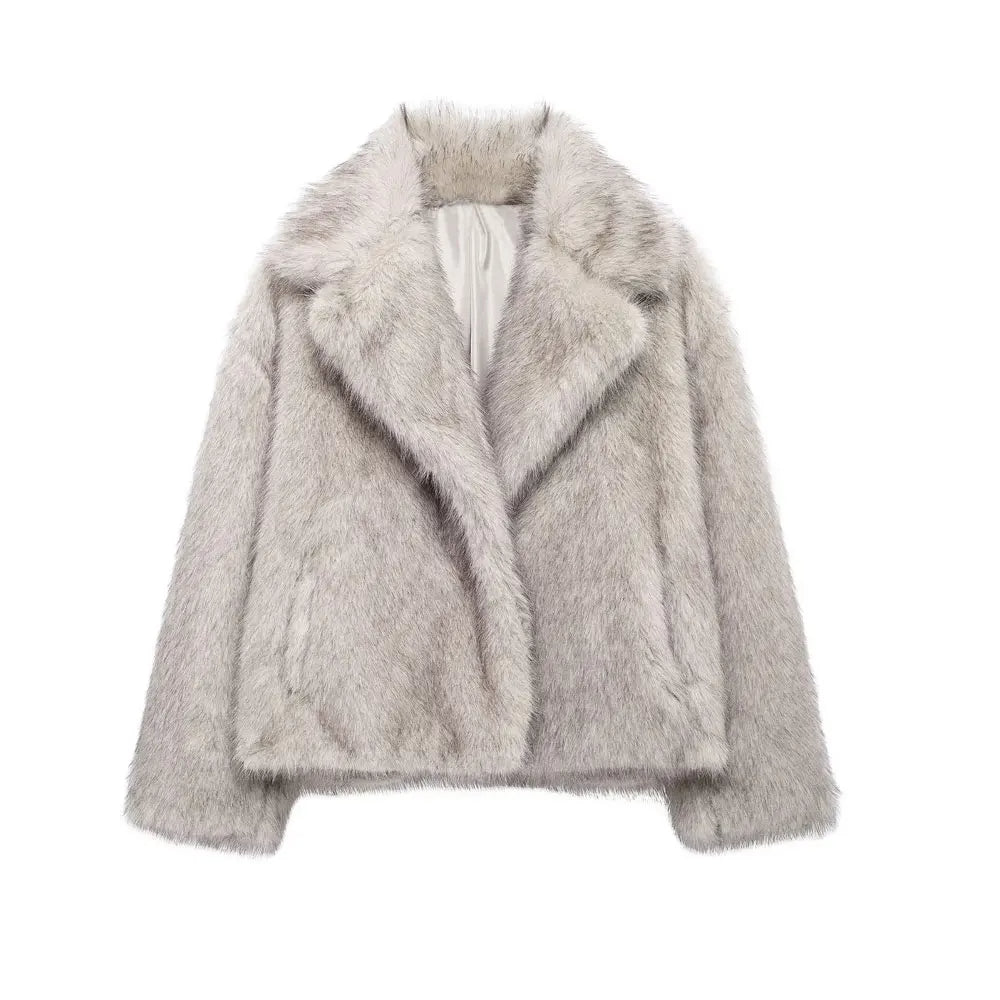 Grauer Kunstpelzmantel Damen, modisch, warm, Winterjacke, weiches Material, elegantes Design.